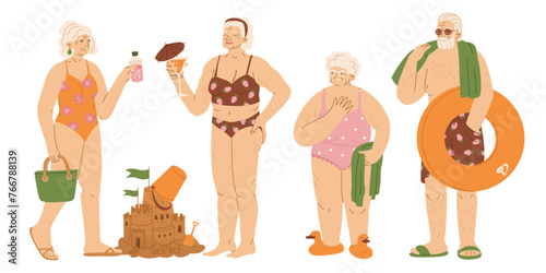 A group of happy elderly people in swimsuits on the beach. Healthy lifestyle, relaxation by the sea. Party for retirees. Vector illustration isolated on transparent background.