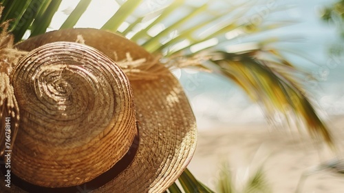 Straw Hat with Sunlight Through Palm Leaves