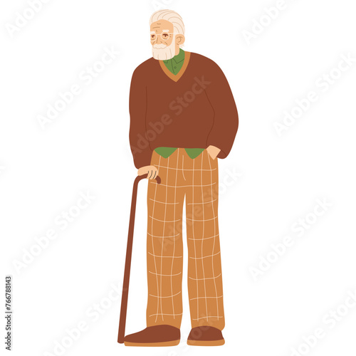 An elegant elderly man with glasses leans on a cane. Leisure and lifestyle of pensioners. Active older people. Holidays with grandpa. Taking care of parents. Vector illustration.