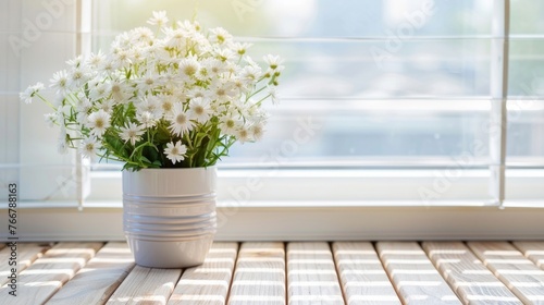 Fresh Daisy Flowers in White Pot on Window