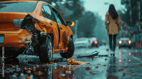 a rear-ended car with a woman walking away in the rain - car insurance claim - road safety regulation campaign - auto repair shop promotion - personal injury lawyer ads photo