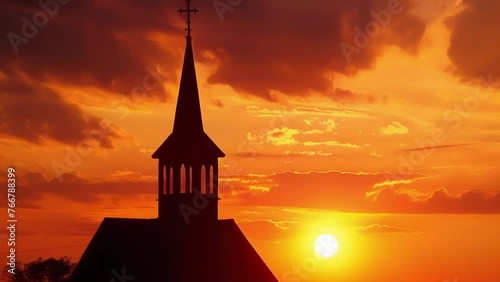 A rural church steeple rises against the fiery hues of a sunset its silhouette a symbol of faith in the tranquil countryside. photo