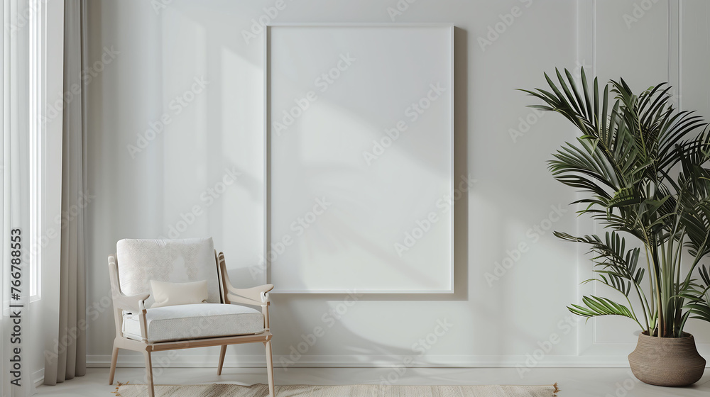 Blank poster frame mockup, in modern minimalist scandinavian interior Blank poster frame mockup, in modern minimalist scandinavian interior