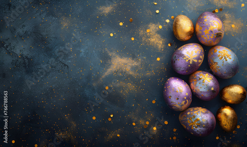 A group of gold and purple Easter eggs surrounded by gold confetti on a dark blue and black background.