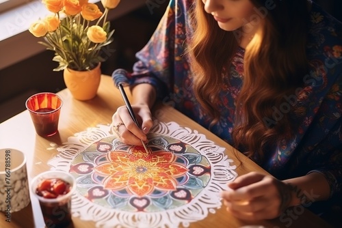 A young woman paints a mandala with markers and white roses on a table with a cup of coffee near a vase of flowers at home. The concept of art therapy and meditation. Hobbies and leisure. I feel good.