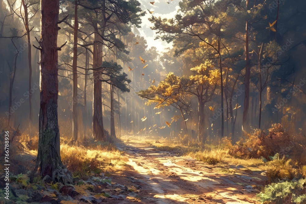 Autumn, forest road, background anime style, wallpaper