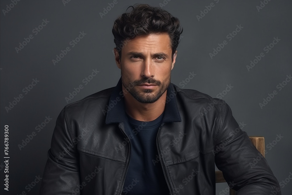 Portrait of a handsome young man in a leather jacket on a dark background. Men's beauty, fashion.