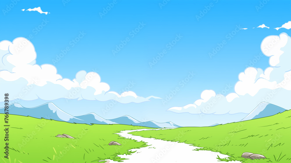 Obraz premium Hand drawn cartoon spring meadow landscape illustration 