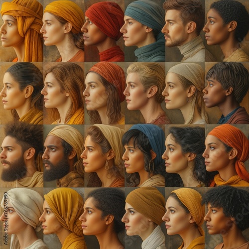 portrait of many faces of pretty women and mans