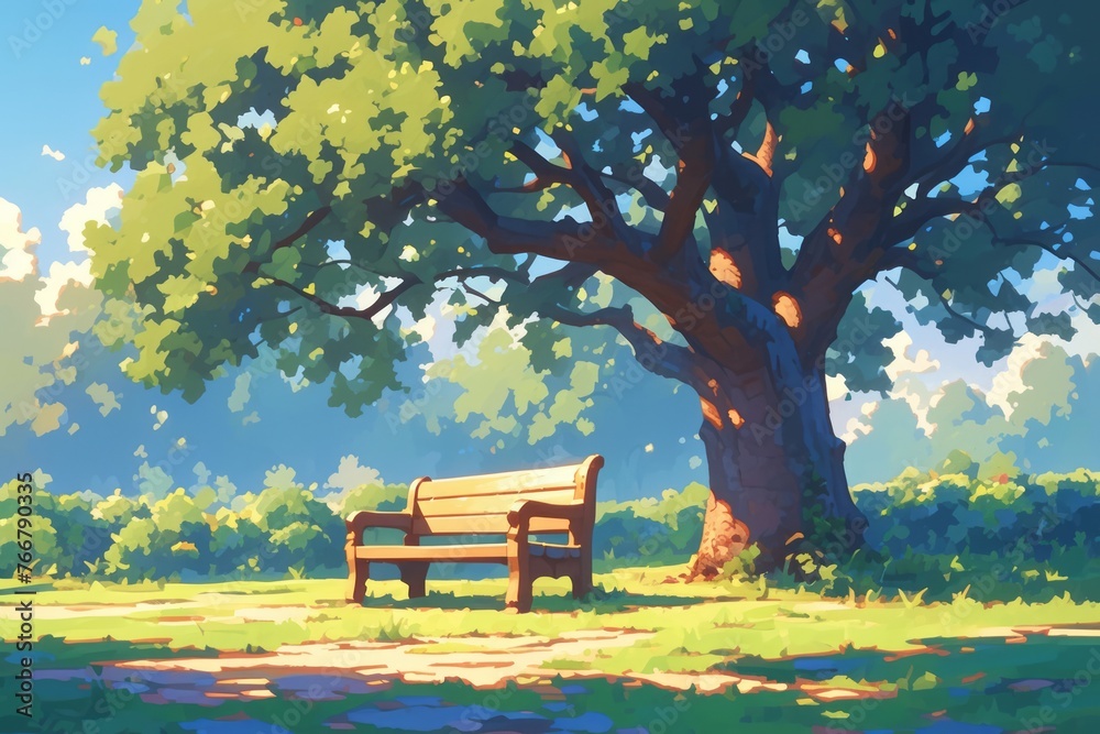 Wooden bench in nature, anime style, wallpaper,