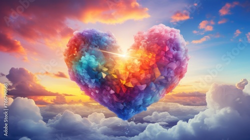 The picture of the colourful heart shape that flying beyond the sea of the cloud and atmosphere that bright and reflect the light by the sunlight of the daytime of summer or spring of year. AIGX01.