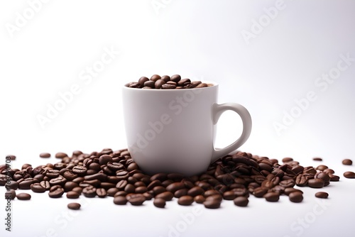 White mug with coffee beans on a white background