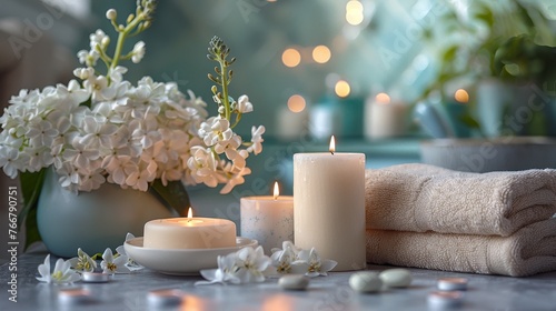 A tranquil spa setting with a bouquet of fresh flowers and aromatic candles