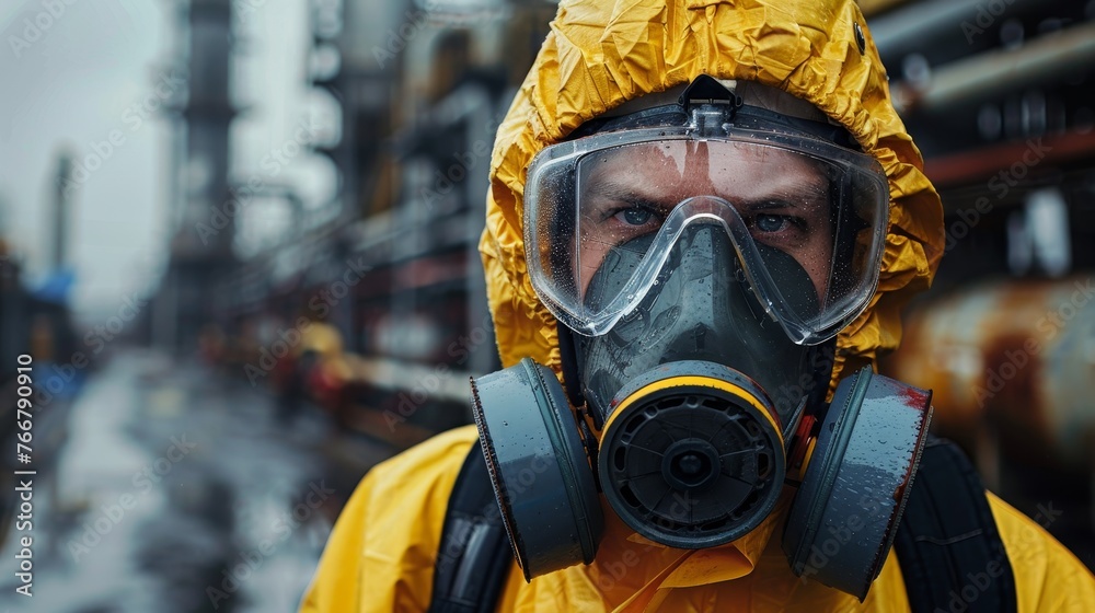 : A worker in a protective suit and mask inspecting a polluted industrial site, emphasizing the need for safety measures in hazard : A worker in a protective suit and mask inspecting a polluted industrial site, emphasizing the need for safety measures in hazard