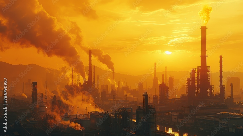 A yellow and orange haze of pollution hanging over an industrial area, with toxic symbols and waste visible in the environment