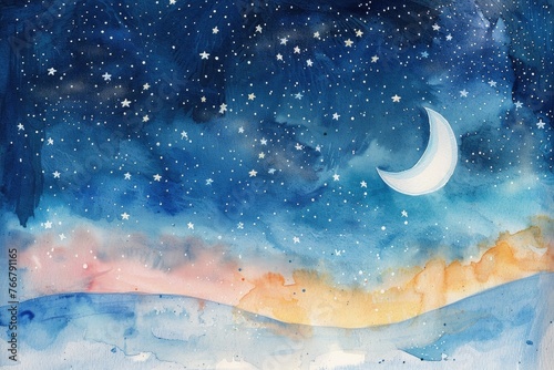 A whimsical watercolor scene featuring a night sky filled with stars and a glowing moon, painted over a white canvas