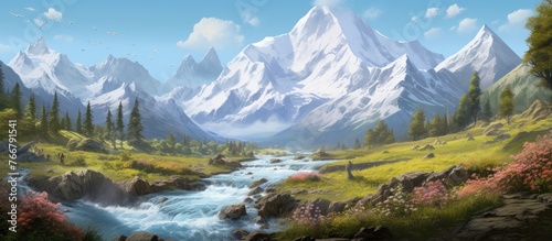 A serene painting captures a majestic mountain landscape with a gentle stream flowing through it, creating a tranquil scene © TheWaterMeloonProjec