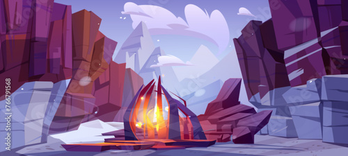 Magic portal in snow winter mountain landscape. Ice range background for fantasy adventure to rock peak. Alpine terrain valley with teleport to alien world. North expedition illustration design