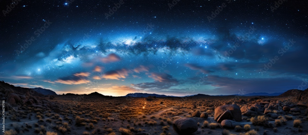 Dark night sky filled with twinkling stars and a milky way stretching over a vast desert landscape