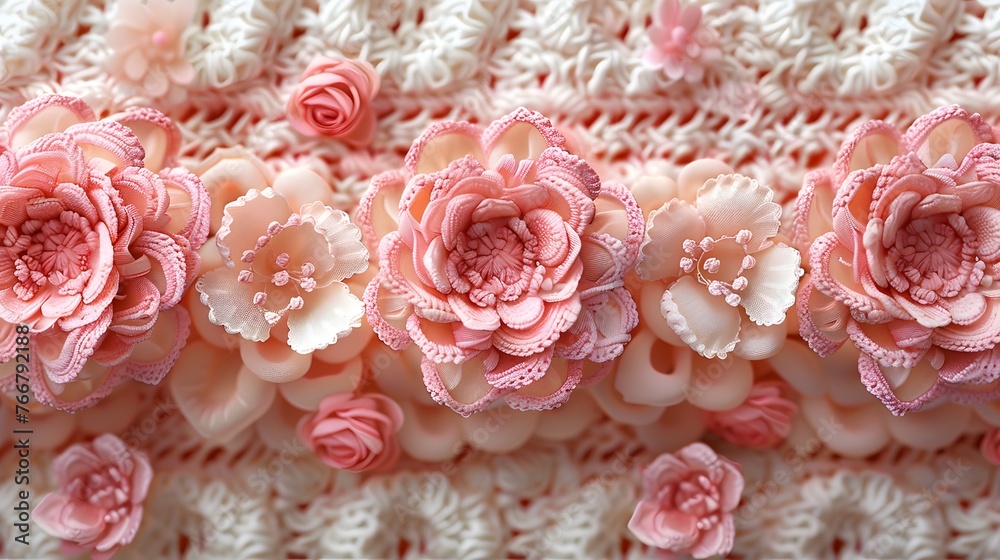 An elegant display of knitted fabric art featuring coral and cream roses set against a wavy patterned background, highlighting meticulous craftsmanship and intricate detail. An elegant display of knitted fabric art featuring coral and cream roses set against a wavy patterned background, highlighting meticulous craftsmanship and intricate detail.