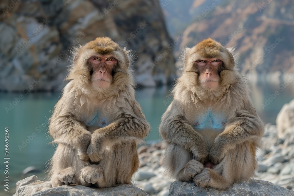 Fototapeta premium Monkeys sits authoritatively upon a rocky outcrop