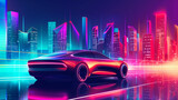 a sleek electric car cruising down a futuristic city street, with colorful lights and skyscrapers in the background