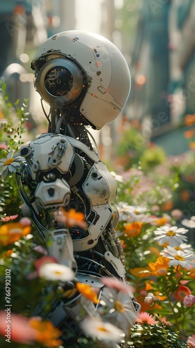 A robot equipped with sensors explores a vibrant flowerbed, symbolizing the intersection of advanced robotics and urban ecology.