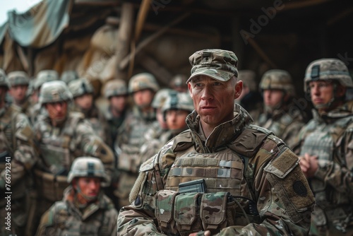 Confident Military Commander Overseeing Troops with Stern Expression During Tactical Operations Briefing