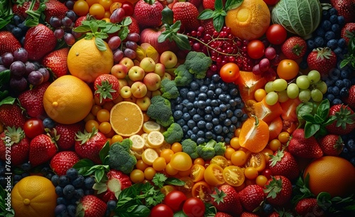 Diverse array of vibrant fruits and vegetables tightly packed together depicting natural abundance and health