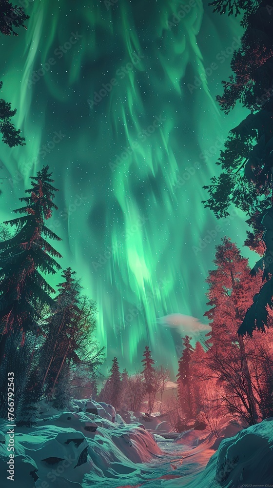 Obraz premium Amazing scenery of green aurora borealis shining in night sky over snowy mountain and sea. Night winter landscape with aurora and reflection on the water surface.