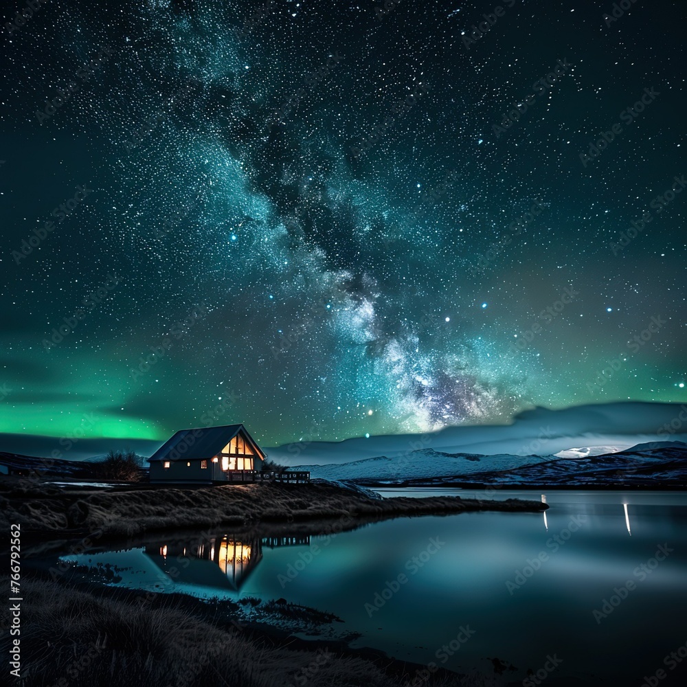 Amazing scenery of green aurora borealis shining in night sky over snowy mountain and sea. Night winter landscape with aurora and reflection on the water surface. Amazing scenery of green aurora borealis shining in night sky over snowy mountain and sea. Night winter landscape with aurora and reflection on the water surface.