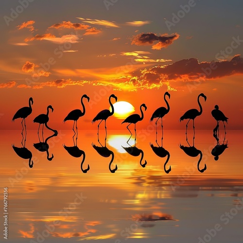 Pink flamingos during a brilliant sunset , Beautiful Romantic Concept with a Place of Love and the Pink Dreams.