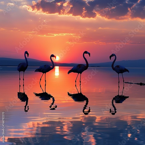 Pink flamingos during a brilliant sunset , Beautiful Romantic Concept with a Place of Love and the Pink Dreams.