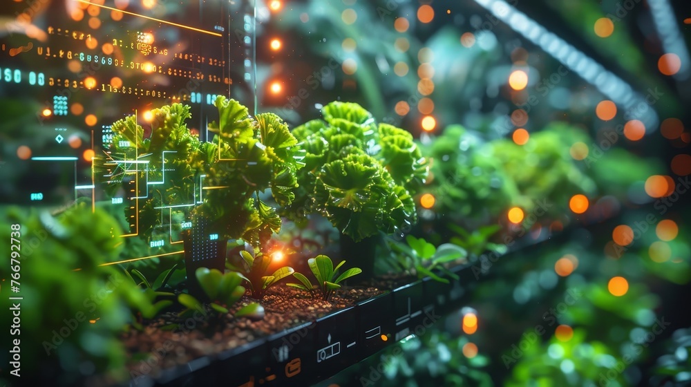 An abstract representation of hydroponic plants with futuristic digital interfaces and data analytics for efficient cultivation