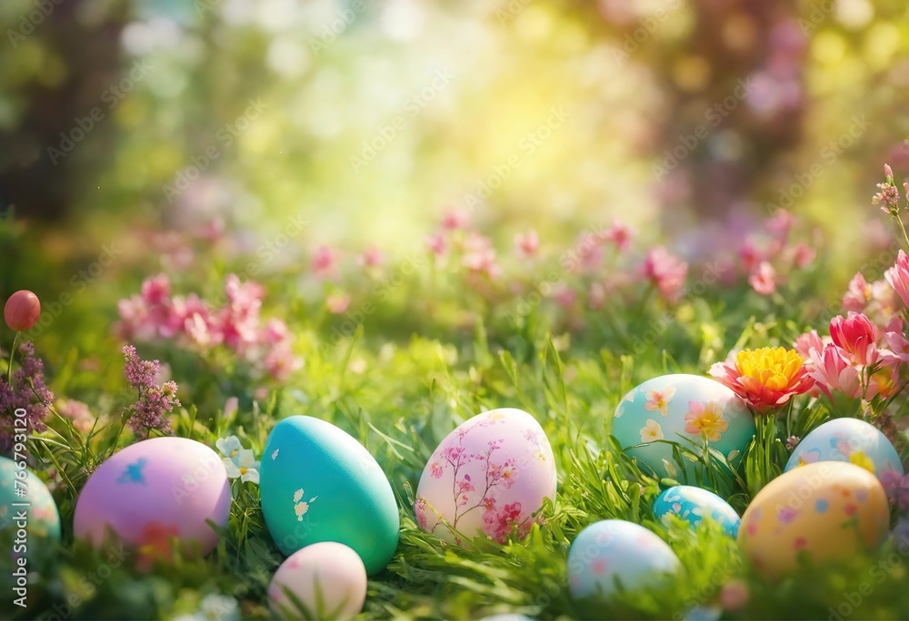 Painted eggs in green grass, flowers, blurred sunny background in the forest, Easter, 3D