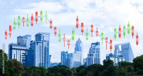 Stock chart with cityscape view background