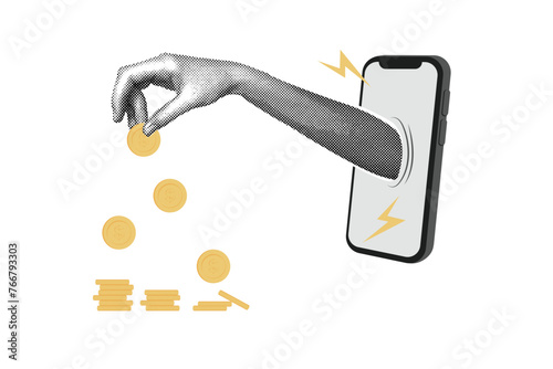 Trendy halftone collage Hand with coins. Stacks of coins.Payment concept. Financial planning. Saving money. Making money and getting paid. Abstract pattern. Vector illustration