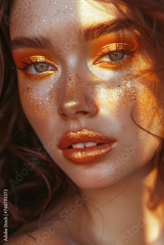 Close-up of a woman with golden glitter. A striking portrait featuring a woman with golden glitter makeup in warm sunlight
