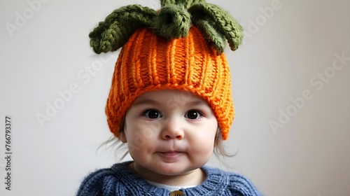 autumn charm: toddler girl with brown eyes in a leaf-accented orange knit hat and blue sweater
