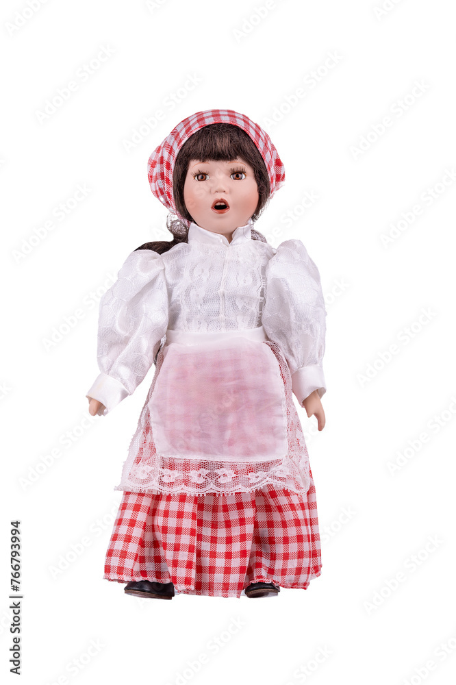 Porcelain doll in the national costume of Malta isolated on a white background.