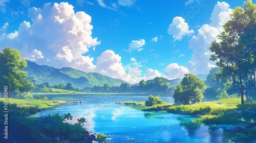 Lake anime style, background. Nature wallpaper