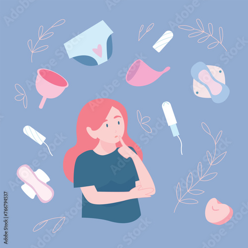 The girl chooses hygiene products. A variety of hygiene products.