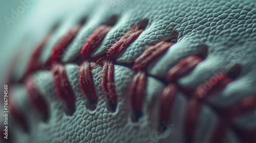 a close-up of the stitching of a leather case with an iconic ballpark facade looming in the soft focus background