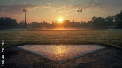 A nostalgic image of an empty baseball diamond at dawn with the dew still on the grass