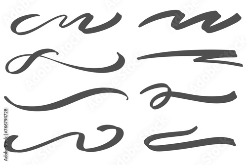 Swoosh vector lines. Hand drawn swash and swish strokes with swirl tail. Calligraphy squiggle waves. Doodle decorative marker flourish. photo