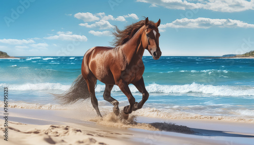 Brown horse running on the beach by the ocean © terra.incognita