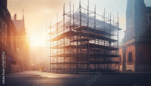 Scaffolding in the evening at the construction site