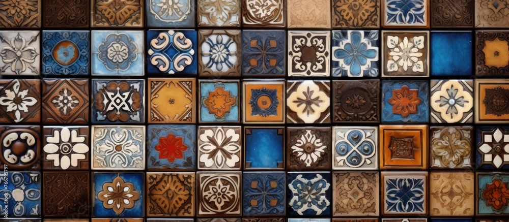 Various intricate and colorful designs on individual tiles forming a captivating mosaic on a wall