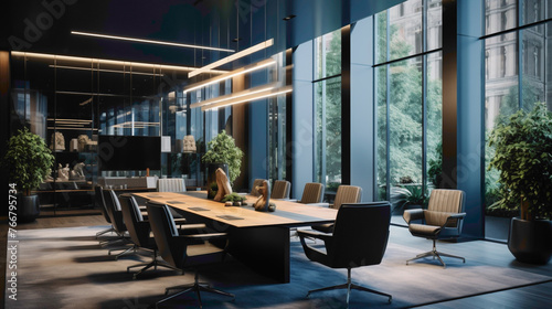 An upscale meeting room characterized by a monochromatic color scheme  sleek lines  and state-of-the-art technology seamlessly integrated into the design  fostering.