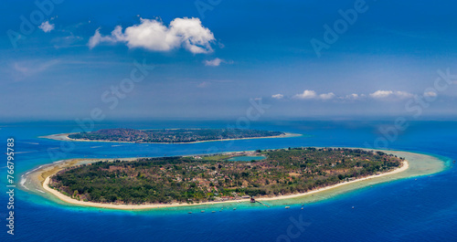 Aerial view of the islands of Gili Meno and Trawangan between Lombok and Bali in Indonesia